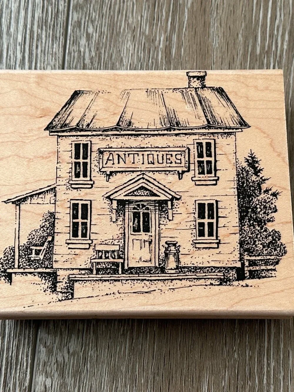 Rubber Cottage Stamp Antique Store Larger Stamp Wood Base